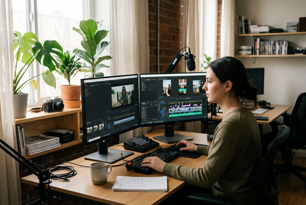 Videomonteur die in een studio achter twee schermen een bestaande video inkort naar kortere social media versies.