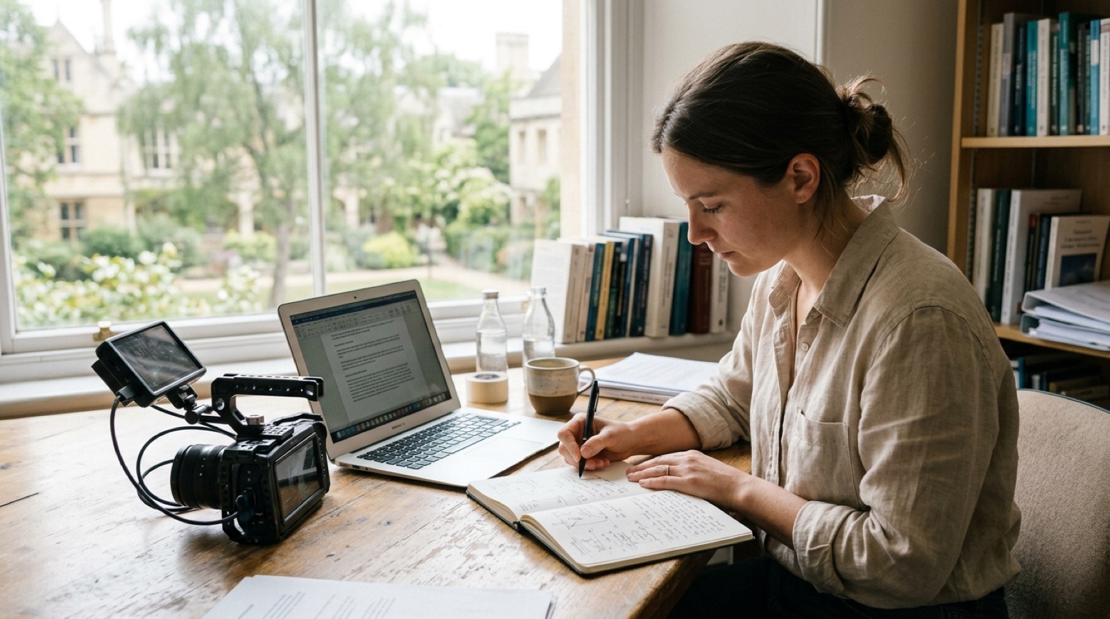 Onderzoeksbureau met notitieboek, laptop en een compacte cinemacamera bij het raam