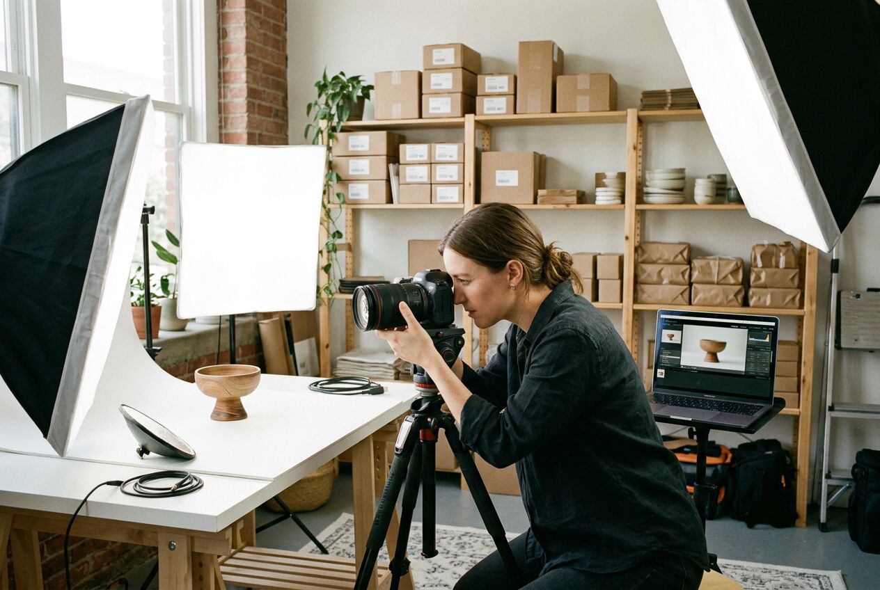 Videograaf die in een kleine studio een product op een tafel filmt met lampen, camera op statief en een laptop met de videovoorvertoning.