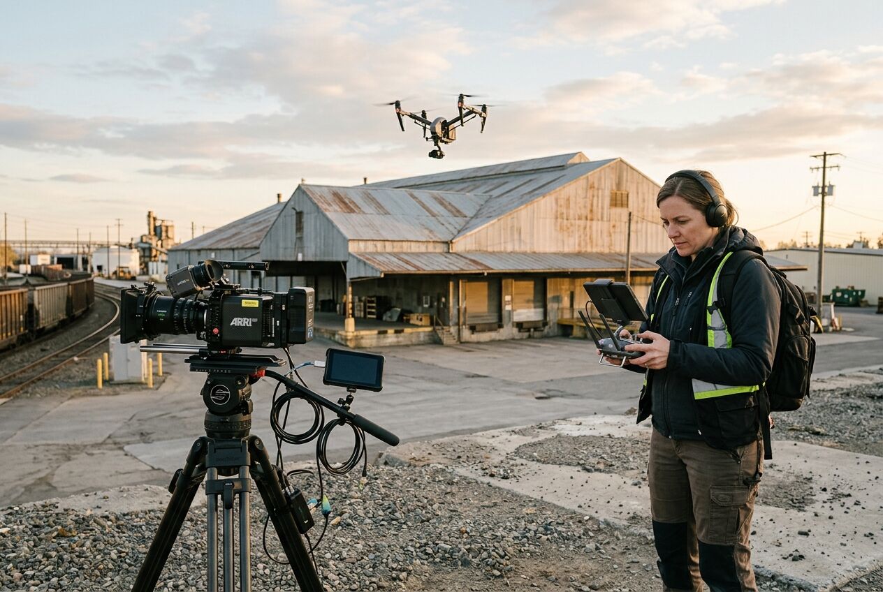 Videomaker die een drone bedient bij een bedrijfsgebouw terwijl filmapparatuur op een statief klaarstaat.
